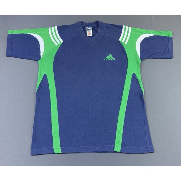 Vintage 90s Adidas Soccer Football V Neck Shirt Sports Hype Rare Medium Blue - Picture 1 of 8